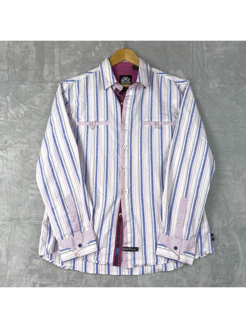 English Laundry Black Label Button Up Shirt Striped Pink Blue Western SizeL Prep